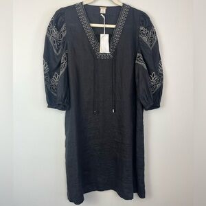 Magaschoni Black Linen Midi Dress with White Embroidery Accents